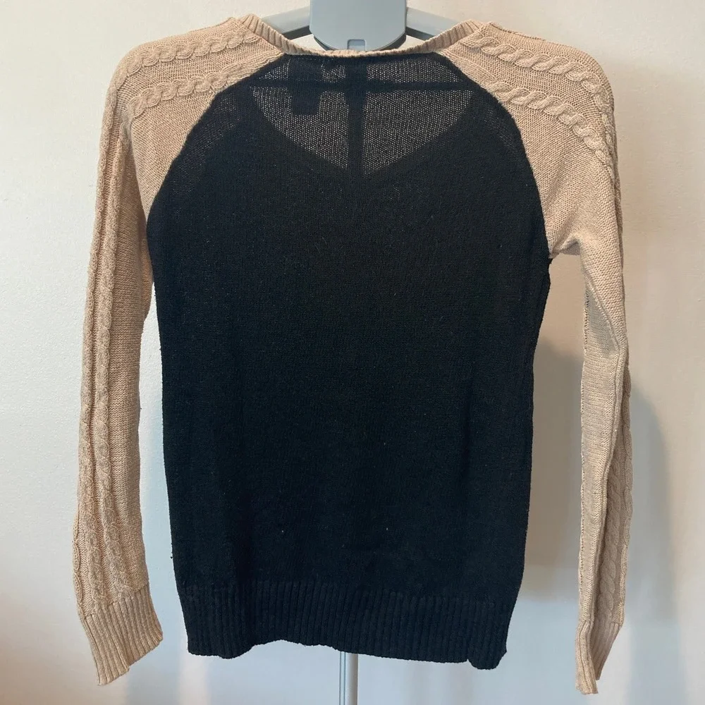 SO Juniors L Black Tan Raglan-Sleeve Cable-Knit Sweater Winter Comfy Cabincore